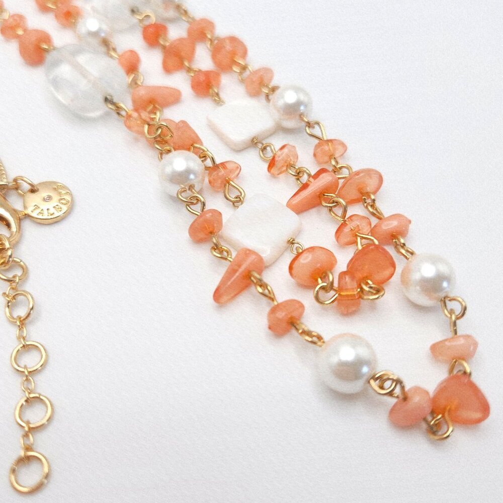 Talbot's Peach Pink Coral Chip Glass, Quartz, Shell and Faux Pearl Long Necklace